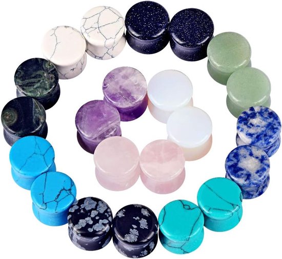 Set van 22 natuursteen flesh tunnel plugs oor piercing sieraden 6 mm - 16 mm