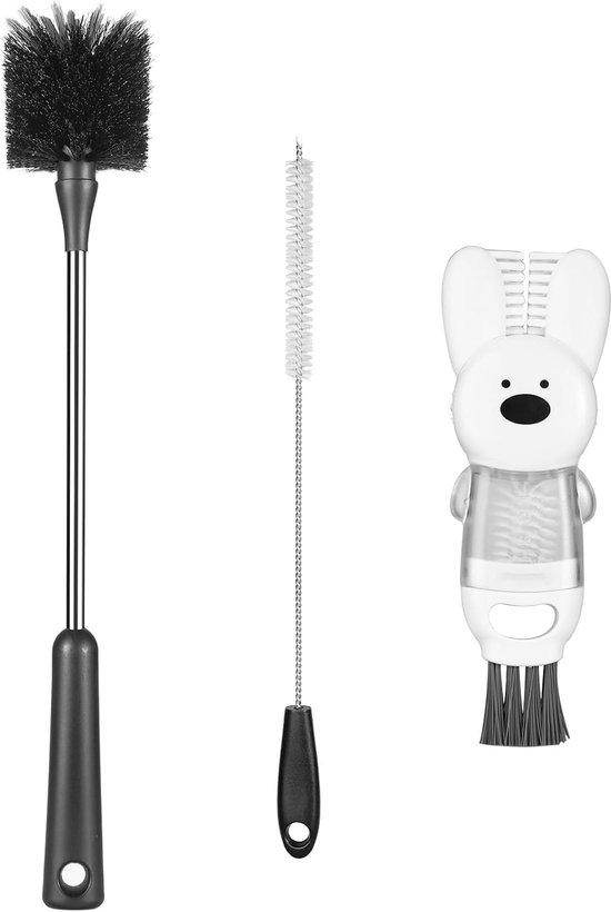 Set van 3 flessenborstels, flessenborstel, lange handgreep, reinigingsborstel voor drinkfles en glazen fles, met rietjesborstel en dekselreiniger voor beker, borstel voor thermoskan
