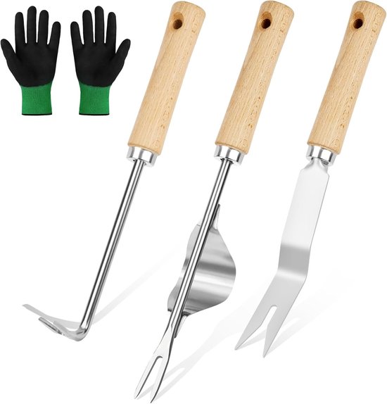 Set van 3 Handgereedschappen voor Onkruidbestrijding van RVS met Lange Handvatten en Tuinhandschoenen voor Efficiënt Tuinieren en Verplanten