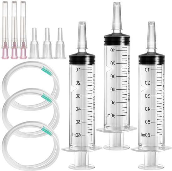 Set van 3 Herbruikbare Steriele Spuiten 60 ml met Slang, Botte Naald en Doseerspuit voor Laboratorium, Diervoeding en Plantenirrigatie, Individueel Verpakt
