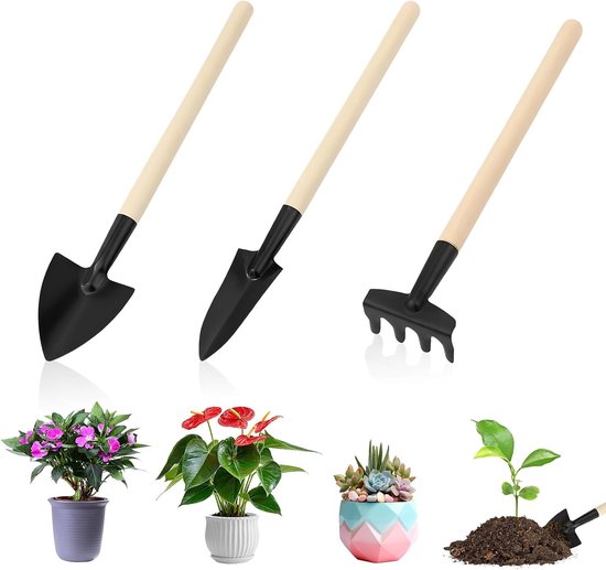Set van 3 Mini Tuin Gereedschappen met Houten Handvatten - Schep, Hark en Tuingereedschap voor Balkon, Moestuin en Vetplanten