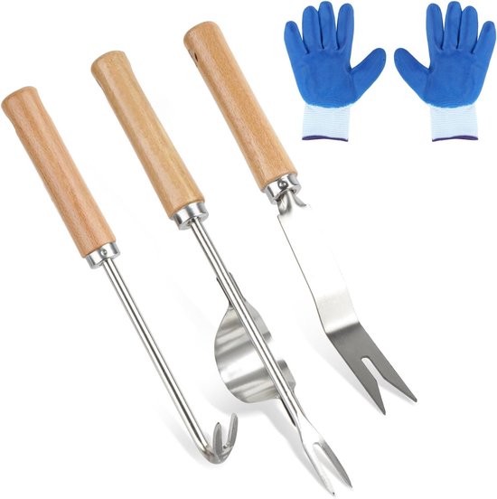 Set van 3 roestvrijstalen onkruidstekers voor de tuin - Tuingereedschap voor wieden, graven en wortelverwijdering met handschoenen van Merkloos	