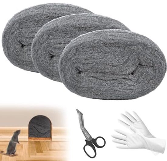 Set van 3 rollen staalwol met handschoenen en schaar voor het effectief afdichten van gaten en kieren tegen muizen en ratten in huis, garage en tuin