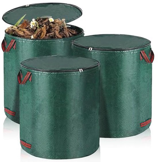 Set van 3 Tuinafvalzakken met Deksel - 120 Liter - Vouwbare Groene Zak voor Gras, Bladeren, Heggen en Tuinafval van Merkloos	