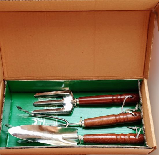 Set van 3 Tuinwerktuigen: Schep + Mini-vork + Klauw, Massieve tuinwerktuigen, handvat van teak met vernis * Handgemaakt * van Esschert Design