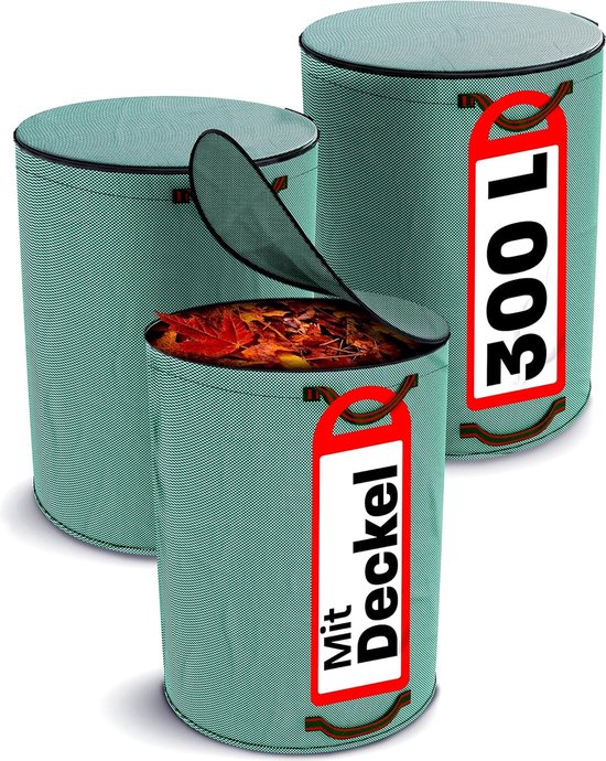 set van 3 tuinzakken met afsluitbaar deksel, 300 L, 4 scheurbestendige handvatten, robuust polypropyleen. van Glorytec