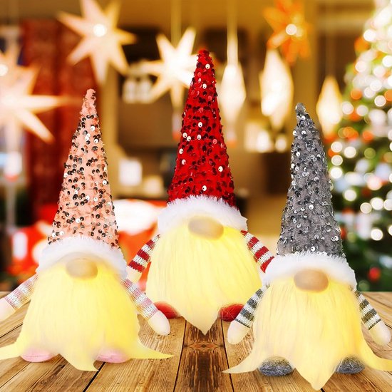 Set van 3 Verlichte Kerstkabouters Pluche Kerstdecoratie