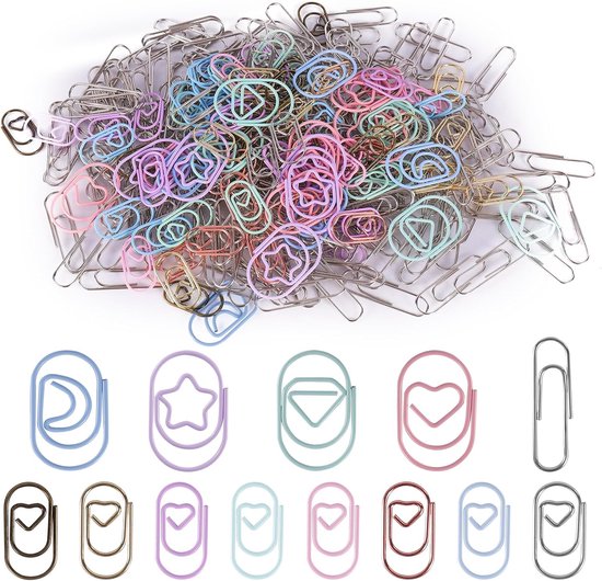 Set van 300 kleurrijke paperclips - creatieve mini-paperclips - hart en zilveren paperclip voor kantooraccessoires en organisatie van Merkloos	