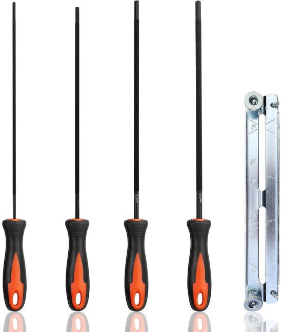 Set van 4 kettingzaagbestanden met handvat en houder - ronde bestanden, 3 maten, 3.2 mm, 4 mm, 4.8 mm, 5.5 mm voor onderhoud en slijpen van kettingzagen van Merkloos	