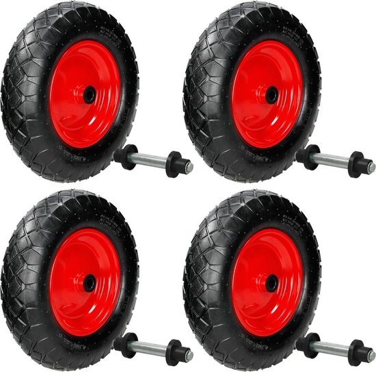 Set van 4 kruiwagenwielen met luchtbanden 390 mm 4.80/4.00-8 met rode PU as van Merkloos	