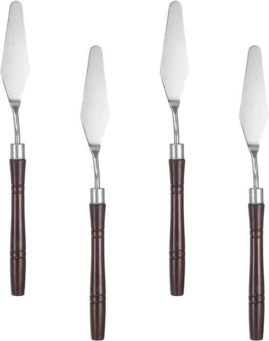Set van 4 messen - schildergereedschap - 19 cm - spits roestvrijstalen lemmet - kunststof handvat - spatel - schilderpalet - mes voor olie - acryl - canvas - rood