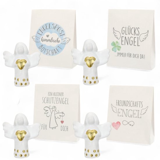 Set van 4 mini engelen van ongeveer 5 cm met hartvormige gelukshangers, decoratieve vriendschapsengeltjes als souvenir voor in huis of cadeau van Merkloos	