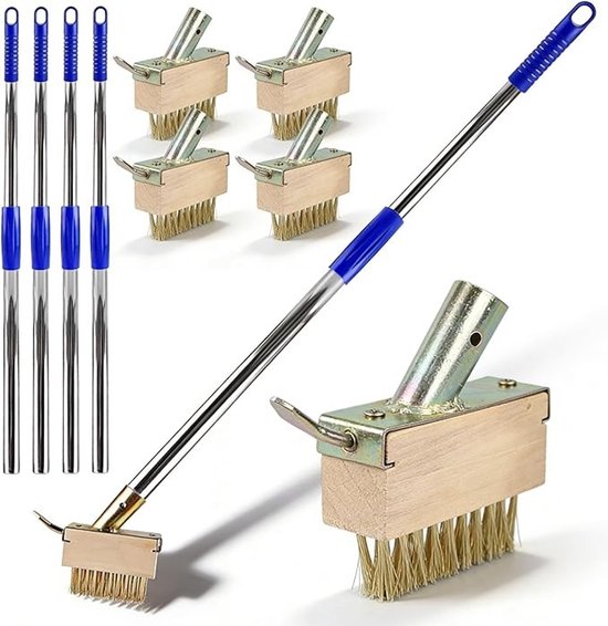 Set van 4 voegenborstels met verlengde steel en houten handvat voor efficiënte onkruidverwijdering