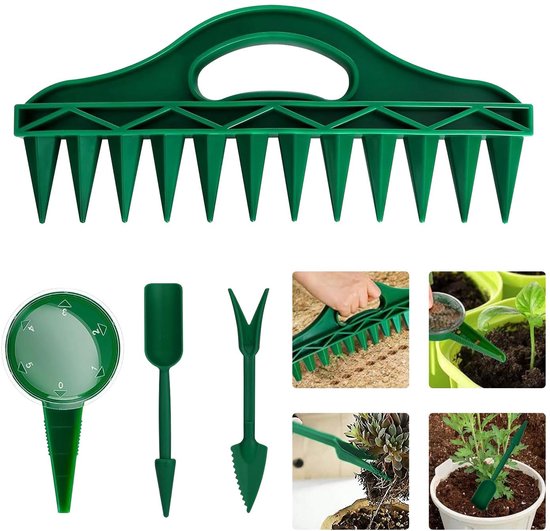 Set van 4 zaaimachines + zaadverdelers met plantvork en plantstok – Verstelbare tuinhulp voor zaaien, losmaken van grond, groenten/bloemen (zaadverdelerset, tuingereedschap) van Merkloos	
