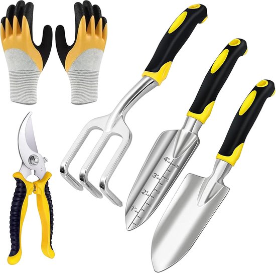 Set van 5 tuingereedschappen van gegoten aluminium - Tuingereedschapsset met troffel, troffel en hark voor het planten in de tuin van Loyal Panda