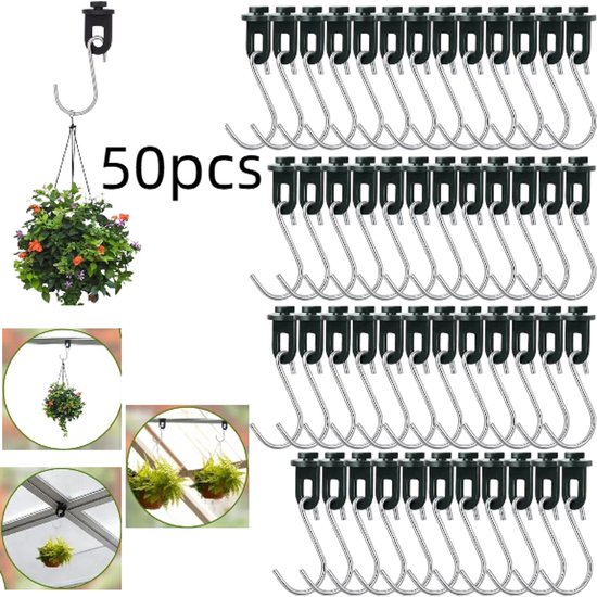 Set van 50 – Schuifclips/hangers voor kassen – Zwart – 19x30 mm – Inclusief S-haken – Geschikt voor het ophangen van planten, thermische netten en schaduwdoeken in de tuin