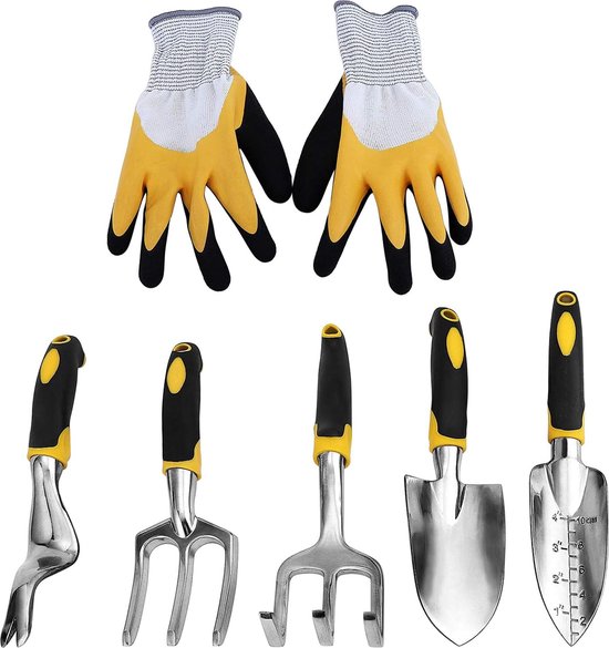 Set van 6 tuingereedschappen met spatel, plantvork, cultivator, onkruidvork, onkruidvork en tuinhandschoenen met robuuste gegoten aluminium koppen en ergonomische handgrepen van Gardenline
