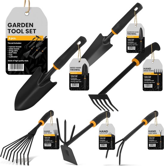 Set van 6 Tuinwerktuigen voor Handen - Schep, Hark, en Cultivator met Ergonomische Handgreep van Merkloos	