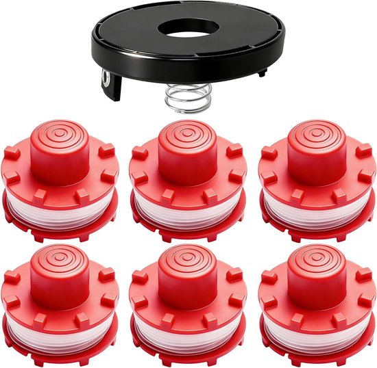 Set van 6 vervangende draadspoelen voor grastrimmers, geschikt voor diverse modellen, inclusief krachtige draad en eenvoudig te installeren.