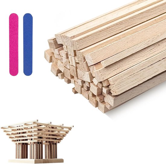 Set van 60 vierkante houten stokken - 3 x 3 x 300 mm - onbehandeld houten stok - rechthoekig - 6 x 6 x 300 mm - natuurlijke knutselen - houten latten - blanco hardhouten stokjes met nagelvijl - voor knutselprojecten en DIY activiteiten van Merkloos	