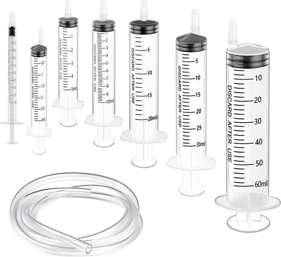 Set van 7 spuiten - kunststof syringen met slang - spuit met 1 m katheter - naaldloos - voor voeding van kleine dieren - wetenschap - dierenverzorging van Merkloos	