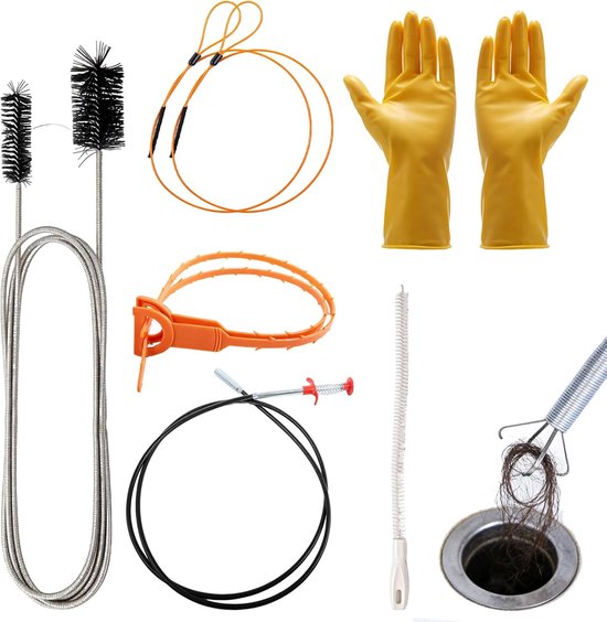 Set van 8 afvoerreinigers spiraal, 2 m afvoerreiniger, spiraalafvoer, buisreinigingspakket, dubbele kop, roestvrijstalen kanaalreiniger, afvoerborstel, keuken en douche