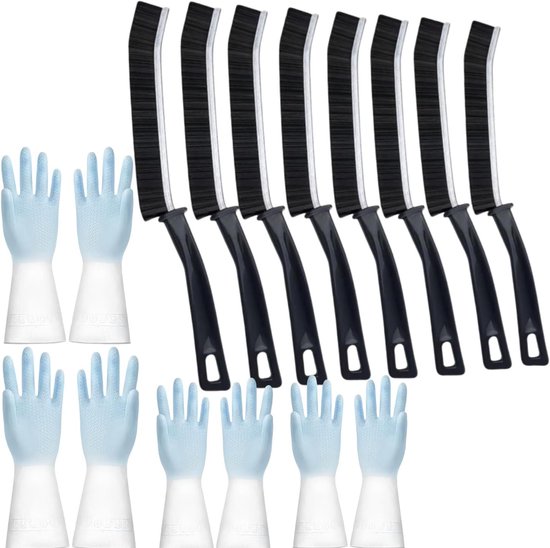 Set van 8 schoonmaakborstels met harde haren en 4 siliconen handschoenen voor het reinigen van voegen, hoeken en moeilijk bereikbare plekken in badkamer, keuken en op tegels van Merkloos	