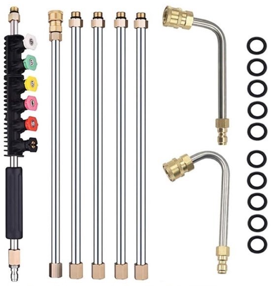 Set van 8 Stuks Verlengpijp voor Hogedrukreiniger met 1/4 Inch Snelaansluitingen en 6 Spuitmondjes voor Dakgoot- en Raamreiniging