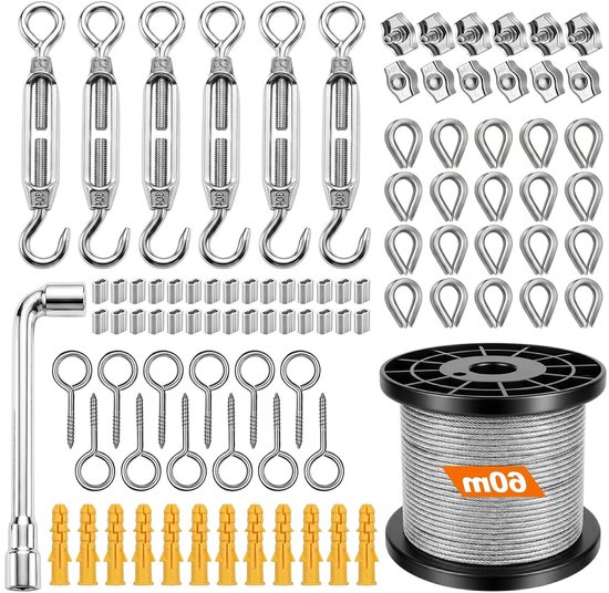 Set van 94 PVC en RVS Kabels van 2 mm en 60 m met Spanners, Klemmen en Persmoffen voor Tuin, Klimplanten en Tuintrellis