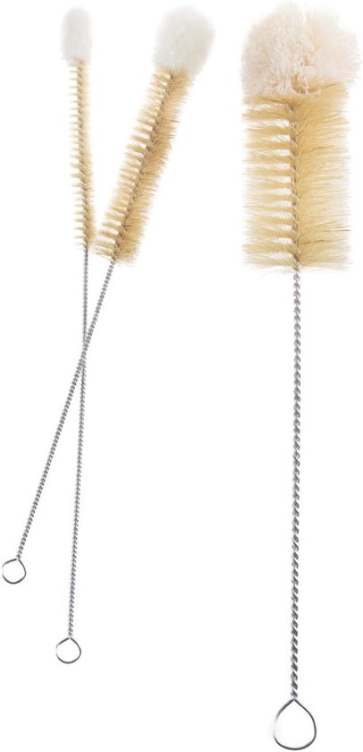 Set van drie borstels voor flesglazen, flessenborstelset, borstels voor flessen, 100% natuurlijke borstelharen met katoenen punt, 3 stuks, 100% natuurlijke haren