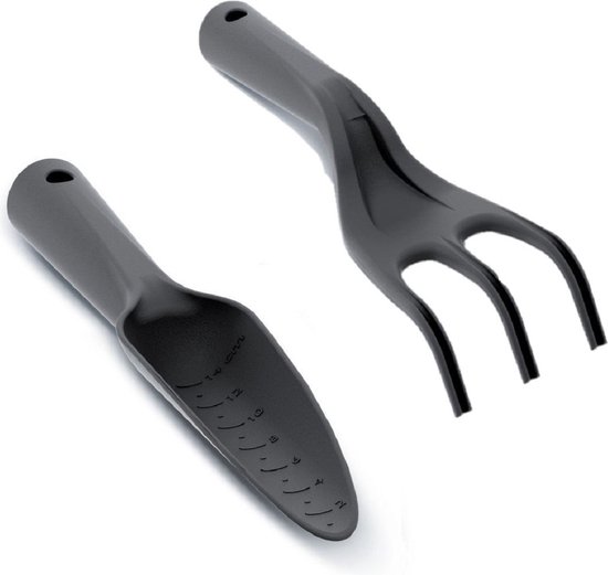 Set van een zwarte kunststof hand hark en smalle tuinschep 26/29 cm van Kinzo Garden