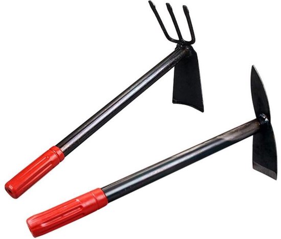 Set van twee kleine metalen tuinhak met korte steel - Schoffel Mini - dubbele hak- 35cm - Handgereedschap - Onkruidverwijderaar