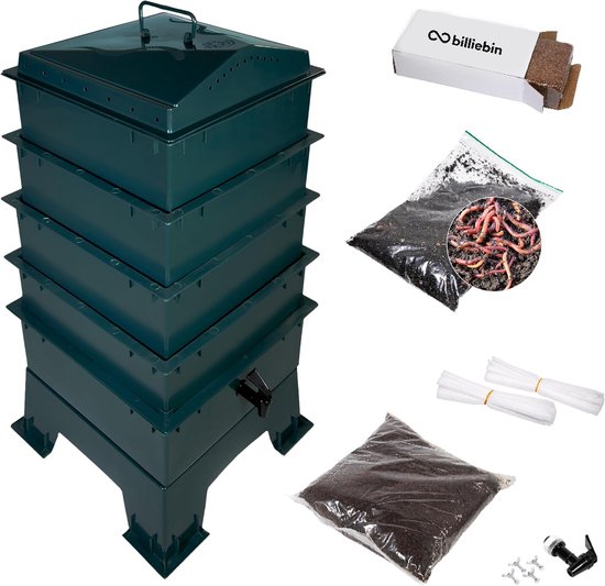 Set | Wormenhotel 64L - 4 etages incl. compostwormen startsubstraat + kokosblok + accessoires | wormenboerderij - wormenbak (groen)