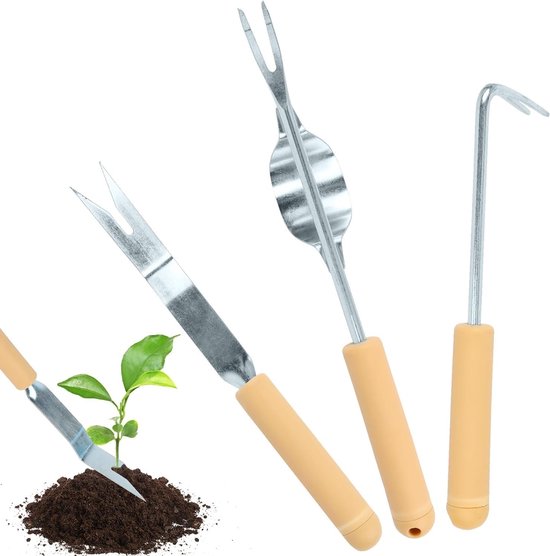 Sets, 3-delige tuingereedschapset, hoogwaardige tuinset met handschepje, tuingereedschap, tuinschep en onkruidsnijder, roestvrijstalen set, bloemenschepje, wortelwieder met houten handvat, onkruidverdelger van Vounot