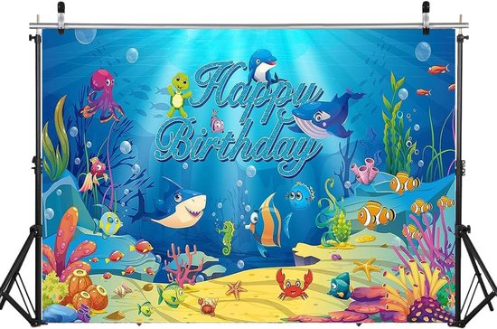 Shark thema's verjaardag achtergronden. Fotografische achtergrond voor feestdecoratie, banner, up, foto-rekwisieten 1,5 x 1 m