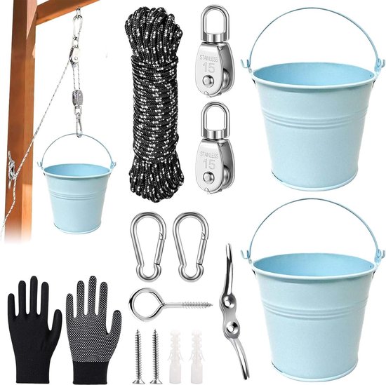 Shengruili Flessentrein voor kinderen, boomhuis, speeltoren, accessoires, tuinspeelgoed, riemschijf met emmerkabel, kinderriemschijf met metalen emmer, boomhuis, tuin, accessoires voor boomhuis, van Shengruili