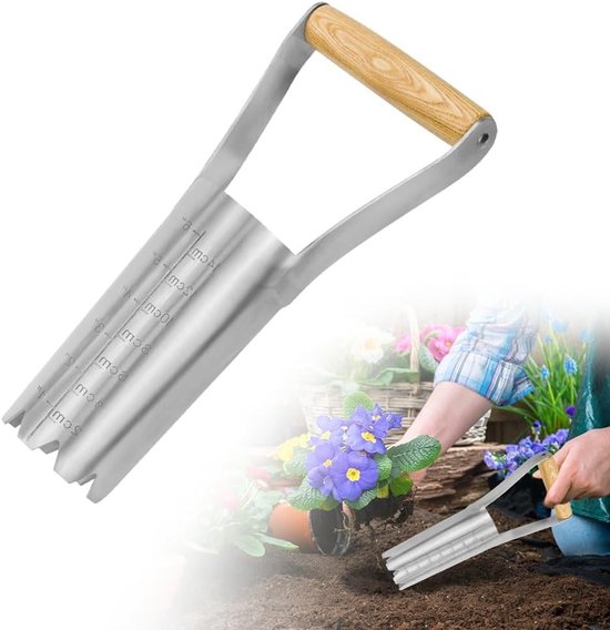 Shower Plant - Flower Bulb Planter - RVS Tuingereedschap - Gatspade met Houten Handvat en Diepteschaal - Voor Zaaien van Zaden in Tuinen en Wieden