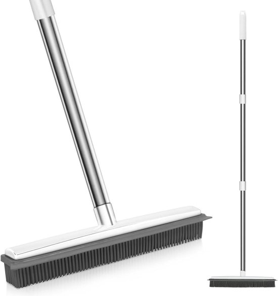 Siliconen bezem met lange steel en rubberen haren voor krasvrij vegen op vloeren, tapijten, tegels, ramen en in tuinen van Merkloos	