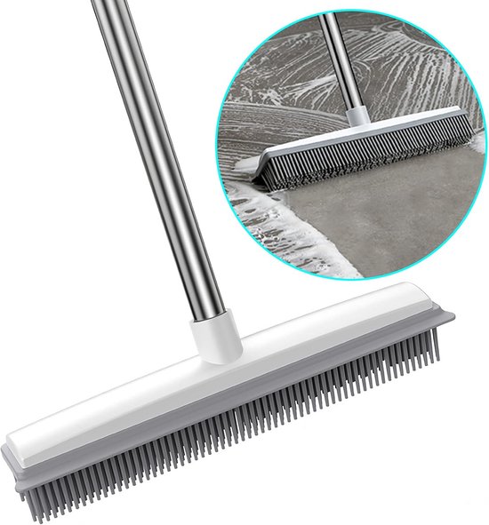 Siliconen vloerborstel - Tovertapijtborstel - Rubberen bezem met verstelbare lange steel – Tapijtborstel met ingebouwde schraper voor katten- en hondenharen – Vloerbezem voor pluisjes, hardhout, ramen en tegels (135 cm)
