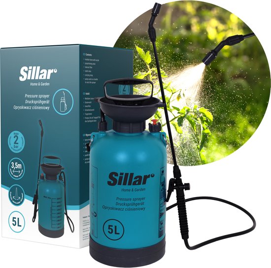 Sillar, druksproeier, handmatig, 5 liter, met modulaire lans van 54,5 cm, voor irrigatie, besproeiing, bespuiting, instelbare sproeistroom