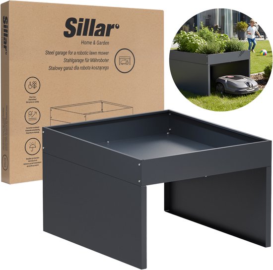 Sillar Garage voor robotmaaier - Robotmaaiergarage – Gegalvaniseerd Staal – Bloempotvormig Dak – Weer- en UV-bestendig - 70 × 60 × 42.2 cm – Antraciet