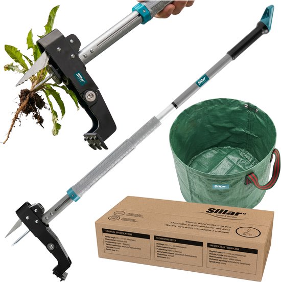 Sillar Onkruidtrekker – Onkruidverwijderaar met Telescopische Steel 99,5-117 cm – Onkruidsteker voor Tuin en Gazon – met 50L Tuinafvalzak - RVS van Merkloos	
