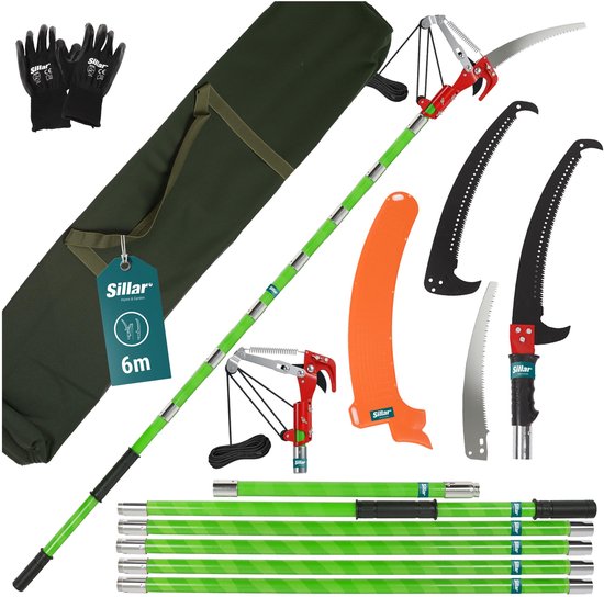 Sillar Telescopische Snoeizaag - 6 Telescopische Stokken - Verstelbaar 2 m - 6 m - Handzaag - 2-in-1-modus snoeischaar + 3 mesjes - Set voor Snoeiwerkzaamheden van Merkloos	