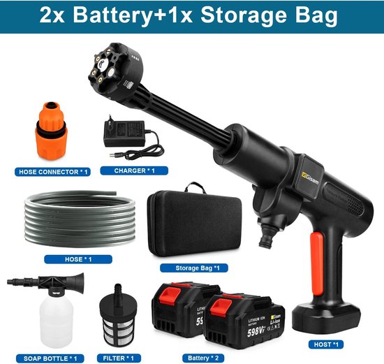 SimpleStore Draadloze Hogedrukreiniger - Zwart- 200Bar - 6 in 1 - 2 accu's - Elektrisch - Hogedrukreinigers - Hogedrukreiniger auto/tuin van SimpleStore