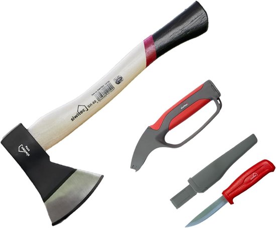 siwitec bijl geschenkset 800 gram kopgewicht met houten handvat, inclusief 4-in-1 messenslijper & universeel mes, bijl voor het splijten van hout van Merkloos	