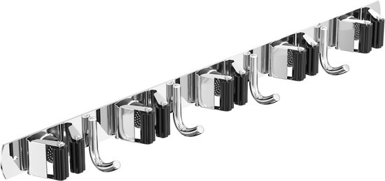 Skynzor - Bezem Ophangsysteem - 5 Houders 4 Haken - RVS - Bezemhouder - Mop Houder - Mop Rack- Mop Clip - Haken Voor Tuingereedschap - Gereedschapswand Opberg - Gereedschapshouder - Broom Opberg - Zelfklevend - 43 CM - Zwart van Merkloos	