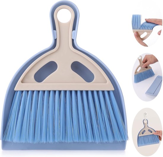 Small Broom en Sweeper Cleaning Set - Mini Whisk - Sweeper en Brush met Handle - Portable Tabletop - Crumb Sweeper voor Dining Table - Blauw van KMAKII