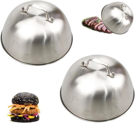 Smeltbel voor cheeseburgers - geïsoleerd deksel van roestvrij staal - hamburgerdeksel voor grill en teppanyaki - vaatwasmachinebestendig - 16 x 9,5 cm - 2 stuks