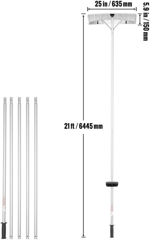 Sneeuw Dak Hark – Verstelbare Handgreep (1.5-6 m) – Aluminium Sneeuwruimer met Beschermwielen - 64 cm Breed Blad – Zilver