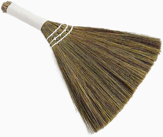 SnelShoppen - 1 x Handgemaakte Natuurlijke Bamboe Mini Rijststrooien Bezem - Perfect voor Meubels en Auto - Kleine Thai Grasbezem met Houten Handvat -